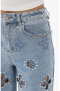 Flower Cut Out Embellished Straight Leg Jean